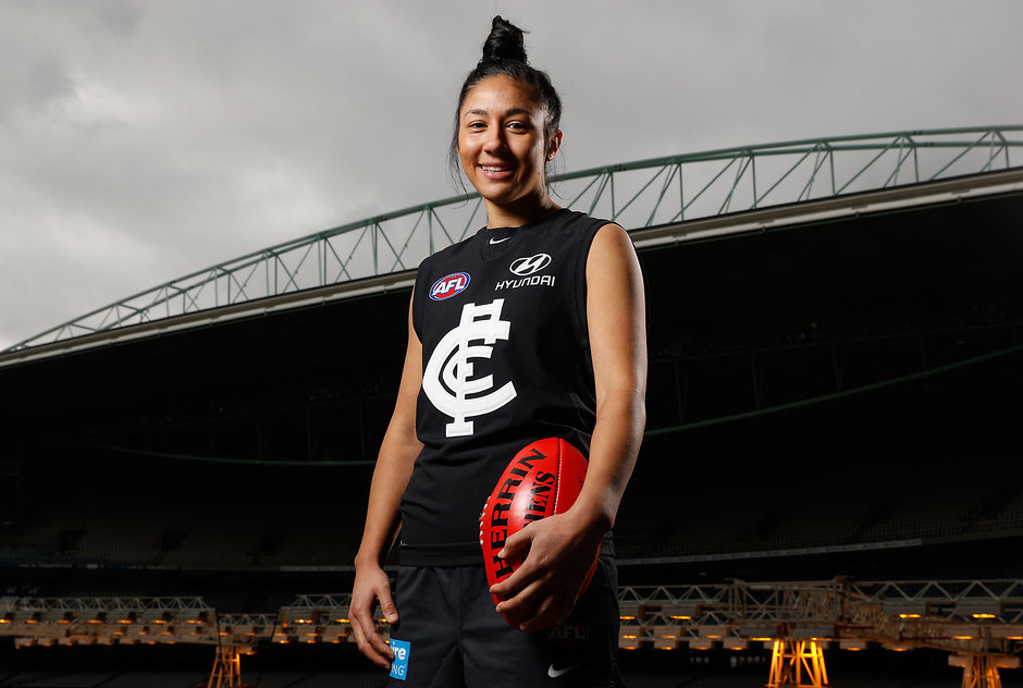 AFL 2016 Media - Womens Marquee Players Announcement MELBOURNE, AUSTRALIA - JULY 27: Darcy Vescio of the Blues poses for a photograph during the national women’s league marquee players announcement at Etihad Stadium in Melbourne, Australia on July 27, 2016. (Photo by Michael Willson/AFL Media)